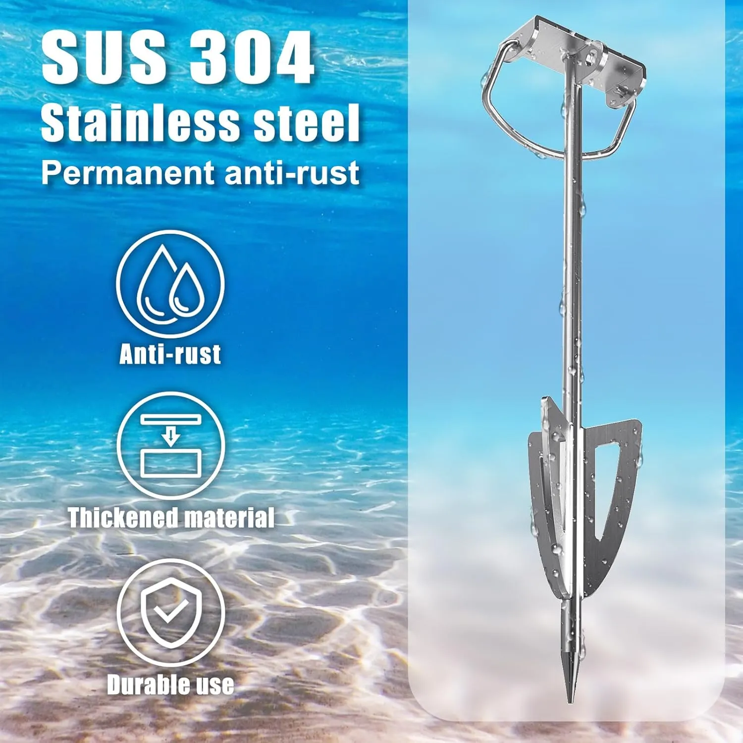 17" Sand Anchor for Boat, 304 Stainless Steel Boat Beach Anchor for Shallow Water, Jet Ski, Kayak, Pontoon Boat Anchor Kit