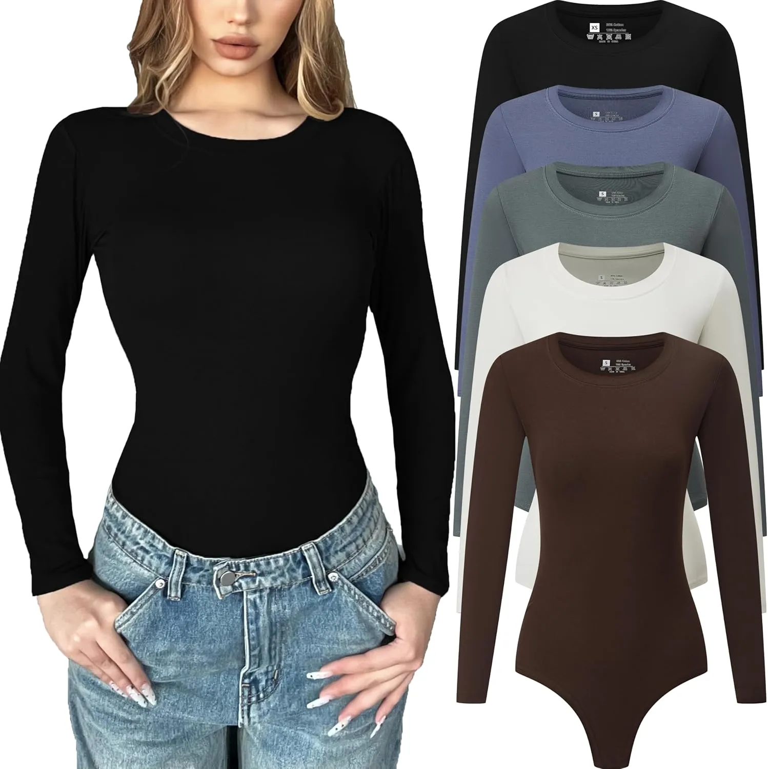 5 Pack Long Sleeve Bodysuit for Women Crew Neck Casual Stretchy Basic T Shirt Body Suits Tops