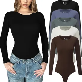 5 Pack Long Sleeve Bodysuit for Women Crew Neck Casual Stretchy Basic T Shirt Body Suits Tops