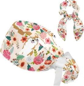 Animals Dogs Working Cap with Buttons, Adjustable Surgical Scrub Cap with Bow Hair Scrunchy