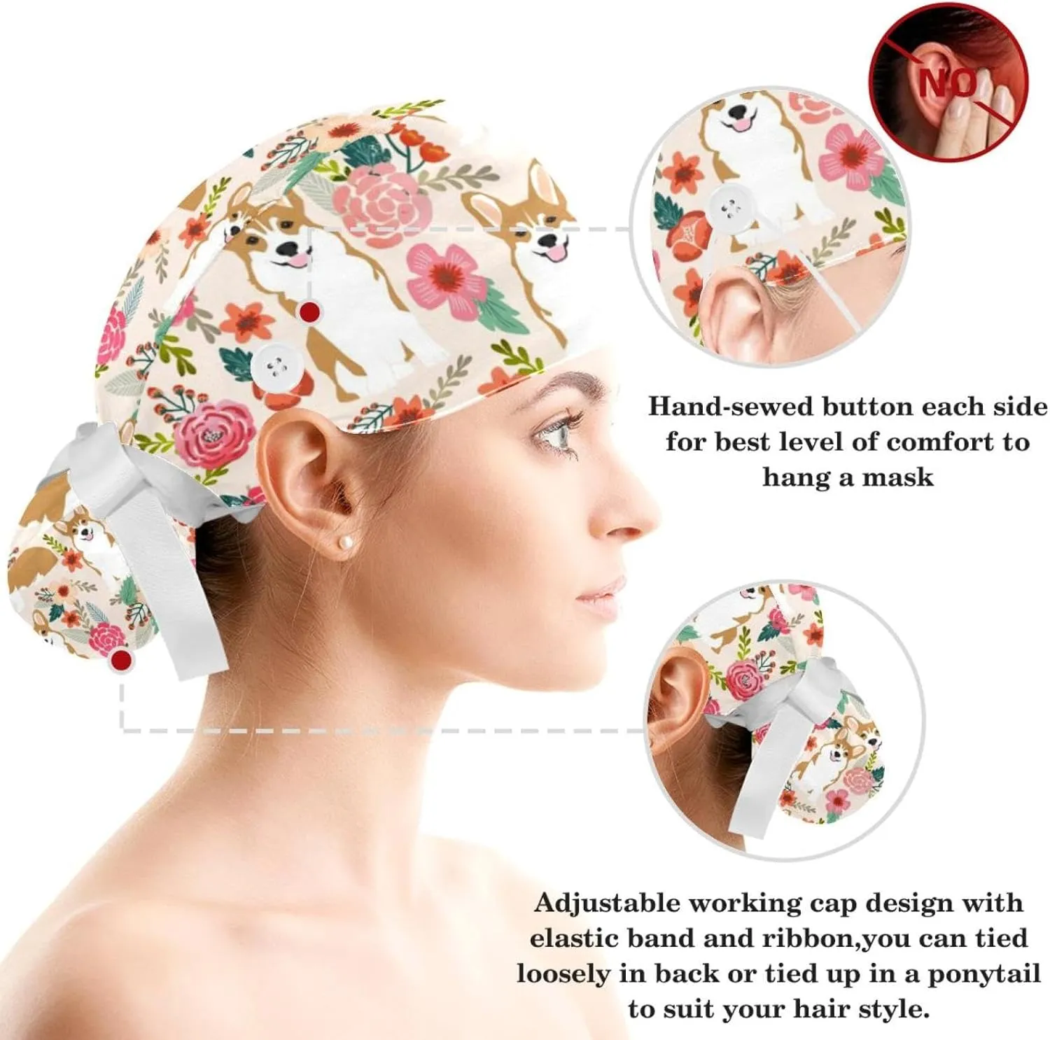 Animals Dogs Working Cap with Buttons, Adjustable Surgical Scrub Cap with Bow Hair Scrunchy