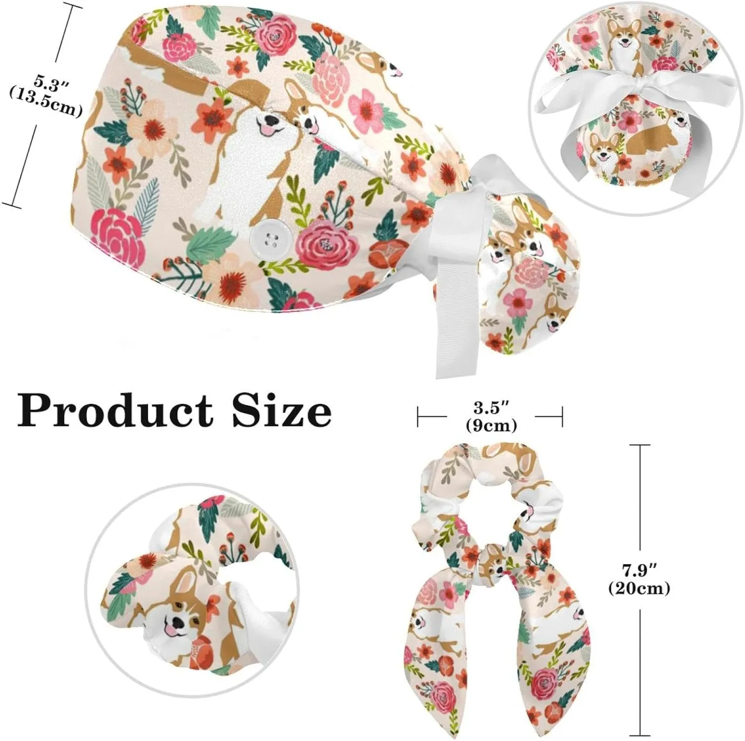 Animals Dogs Working Cap with Buttons, Adjustable Surgical Scrub Cap with Bow Hair Scrunchy