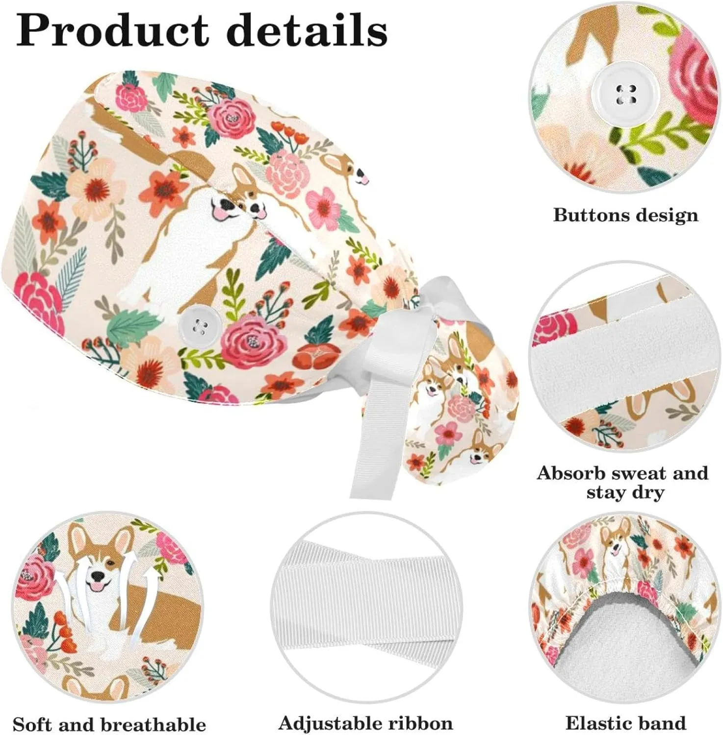 Animals Dogs Working Cap with Buttons, Adjustable Surgical Scrub Cap with Bow Hair Scrunchy