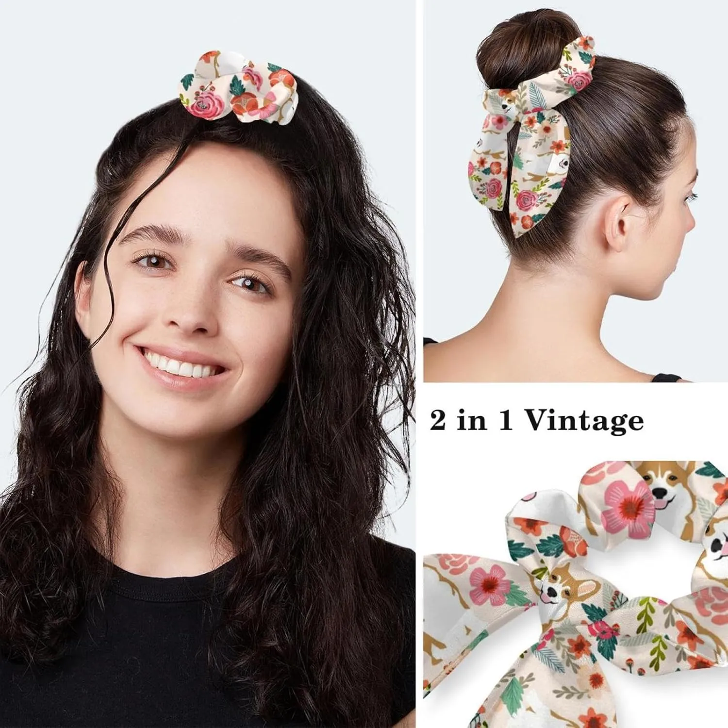 Animals Dogs Working Cap with Buttons, Adjustable Surgical Scrub Cap with Bow Hair Scrunchy
