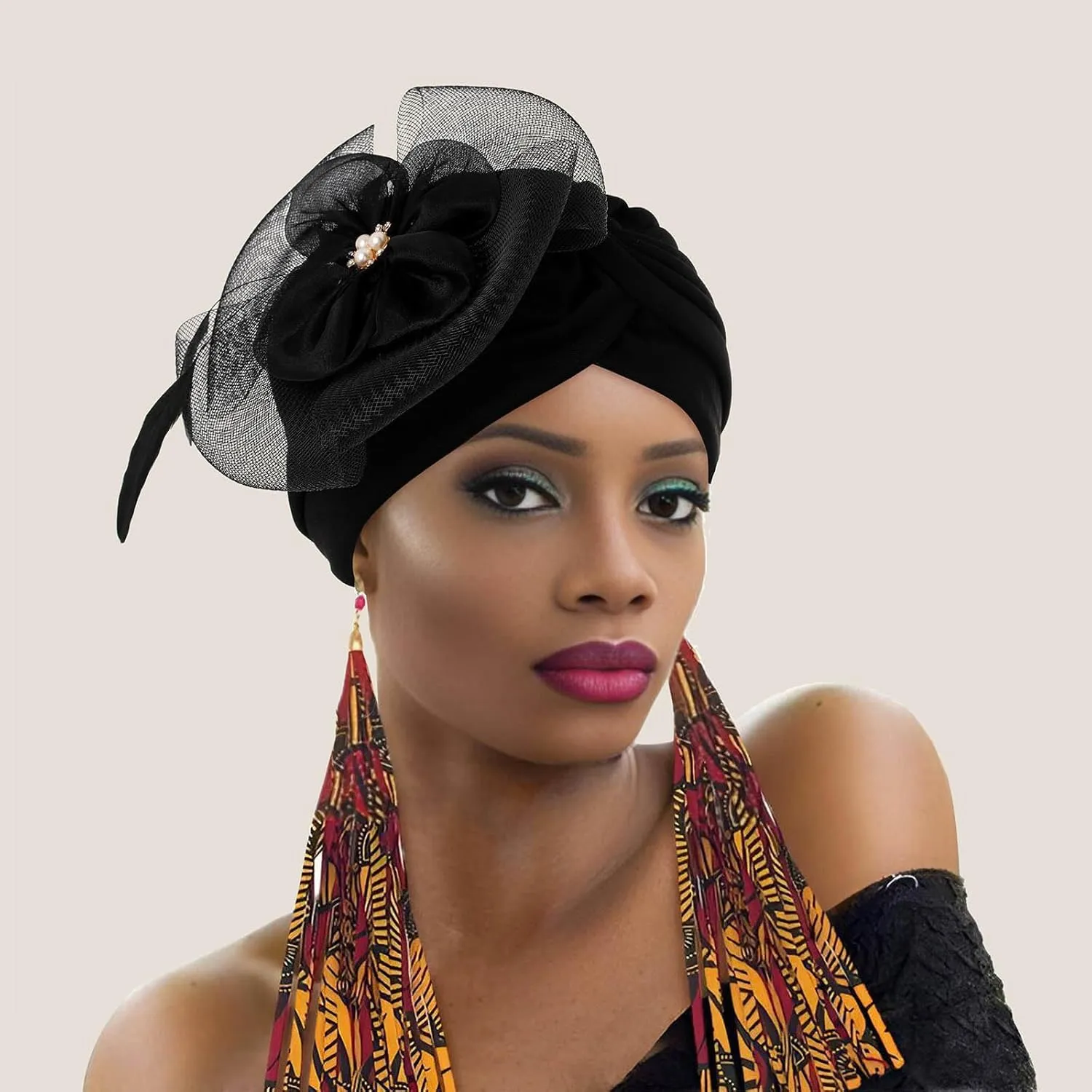 Bohend Flower Rhinestone Turbans Cap Pearl Knot Headwarp Beanie Pre Tied Head Cover Bonnet Pleated Headscarf Hat for Women