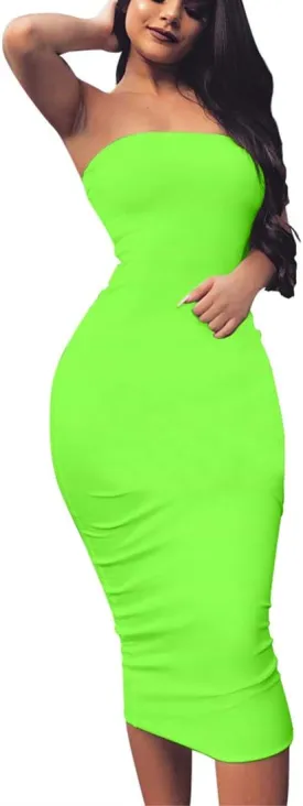 BORIFLORS Women's Basic Sleeveless Tube Top Sexy Strapless Bodycon Midi Club Dress