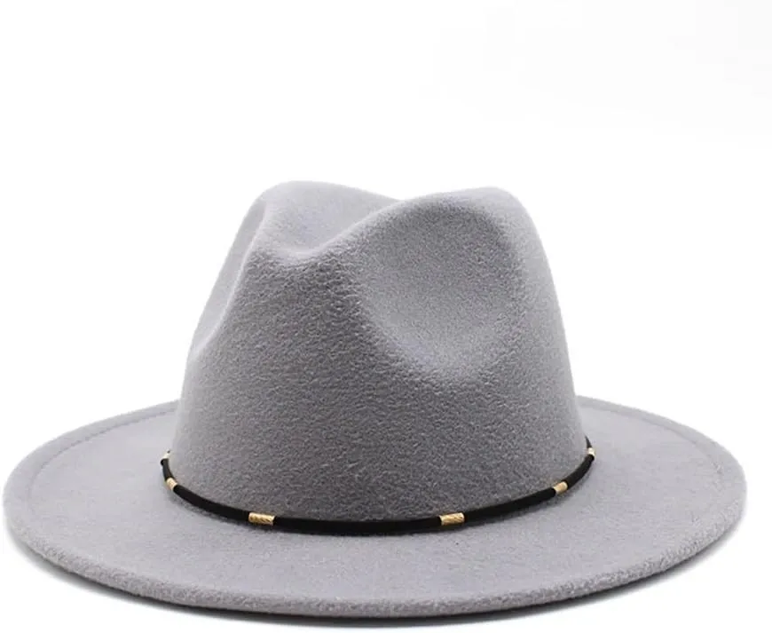 DHAEY Autumn and Winter Woolen British Jazz Hat, European and American Flat Brim Top Hat Four Seasons Versatile Felt Hat Luopan Caps & Hats (Color : Light Grey, Size : Large(59-61cm))