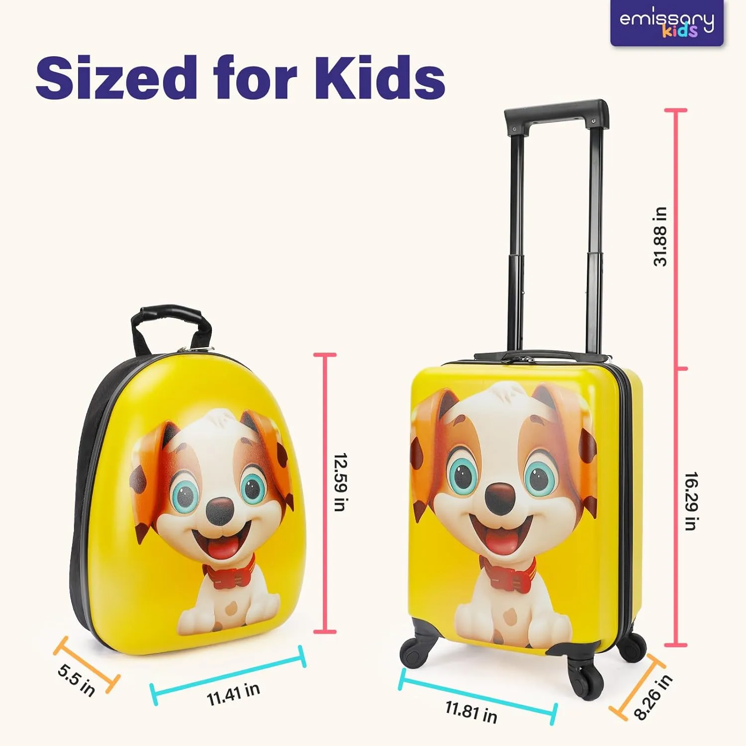emissary Kids Luggage Set With Wheels For Boys Girls, Toddler 16???? Hardside Suitcases With Backpack, Puppy Kids Carry on Luggage Set, Children Rolling Suitecase Airline Approved