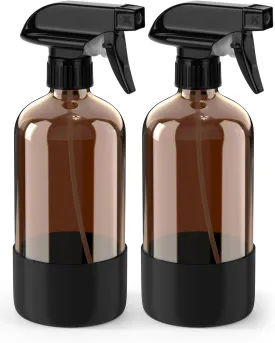 Glass Spray Bottle with Silicone Sleeve Protection, Amber Glass Spray Bottle Set for Non-toxic Window Cleaner Aromatherapy Facial Hydration Watering Flowers Hair Care 2 Pack/16 oz (Black)