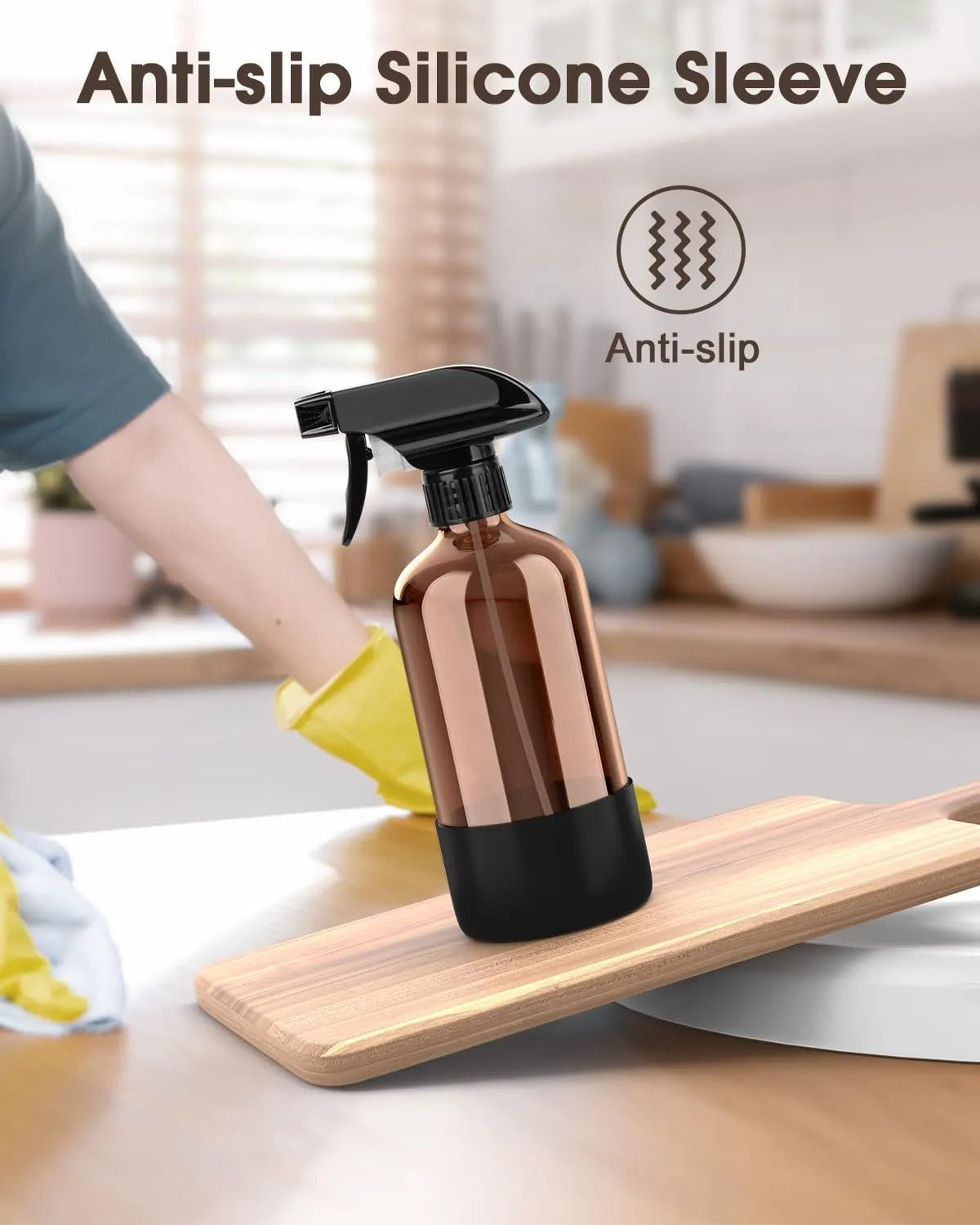 Glass Spray Bottle with Silicone Sleeve Protection, Amber Glass Spray Bottle Set for Non-toxic Window Cleaner Aromatherapy Facial Hydration Watering Flowers Hair Care 2 Pack/16 oz (Black)