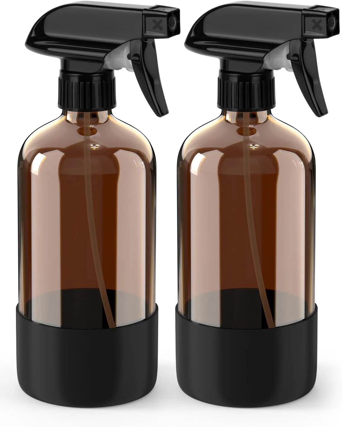 Glass Spray Bottle with Silicone Sleeve Protection, Amber Glass Spray Bottle Set for Non-toxic Window Cleaner Aromatherapy Facial Hydration Watering Flowers Hair Care 2 Pack/16 oz (Black)