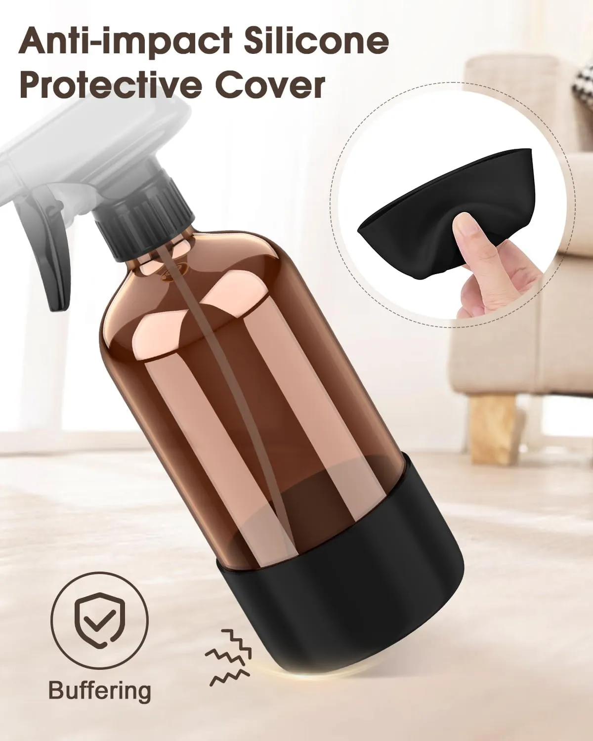 Glass Spray Bottle with Silicone Sleeve Protection, Amber Glass Spray Bottle Set for Non-toxic Window Cleaner Aromatherapy Facial Hydration Watering Flowers Hair Care 2 Pack/16 oz (Black)