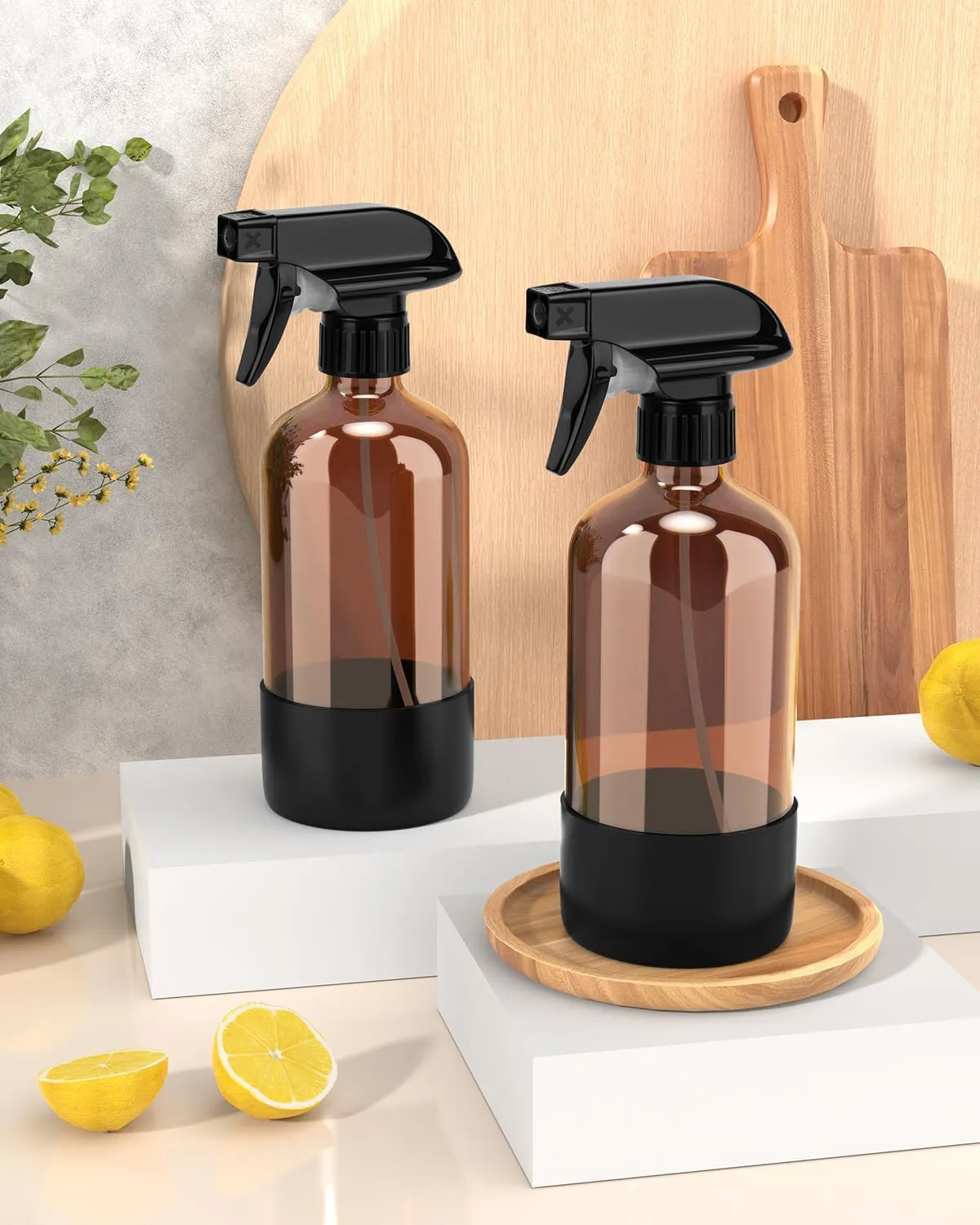 Glass Spray Bottle with Silicone Sleeve Protection, Amber Glass Spray Bottle Set for Non-toxic Window Cleaner Aromatherapy Facial Hydration Watering Flowers Hair Care 2 Pack/16 oz (Black)