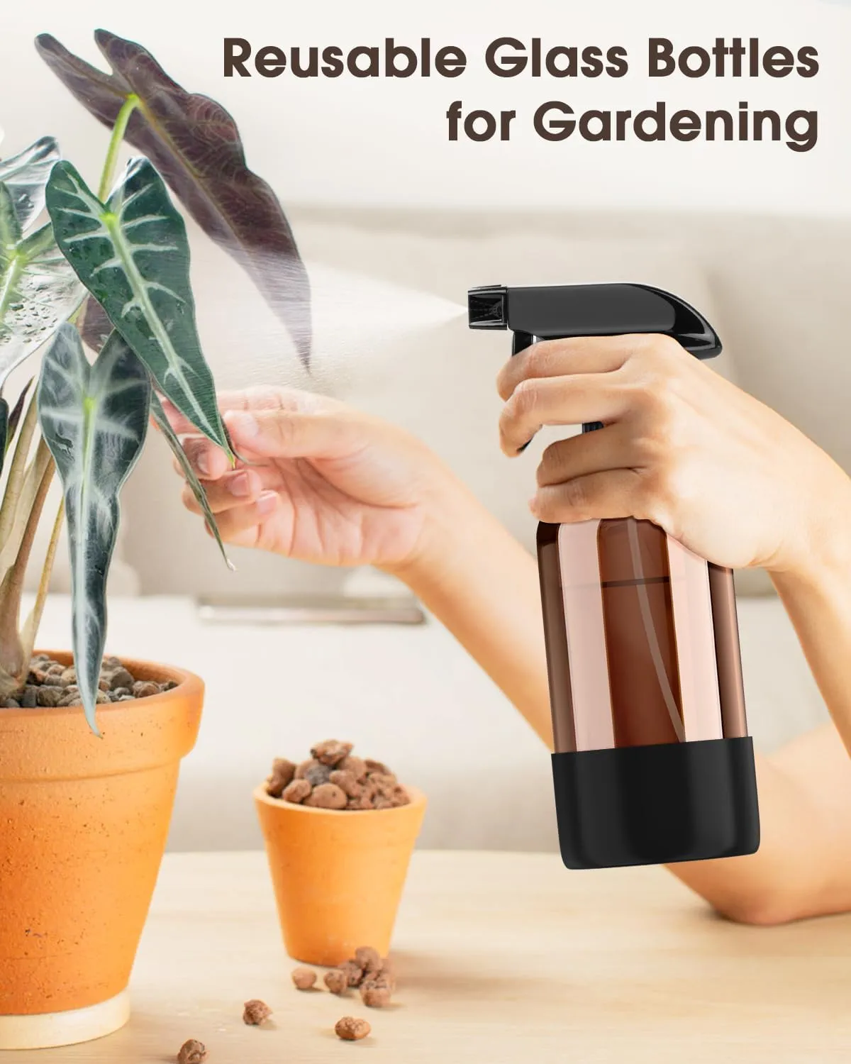 Glass Spray Bottle with Silicone Sleeve Protection, Amber Glass Spray Bottle Set for Non-toxic Window Cleaner Aromatherapy Facial Hydration Watering Flowers Hair Care 2 Pack/16 oz (Black)