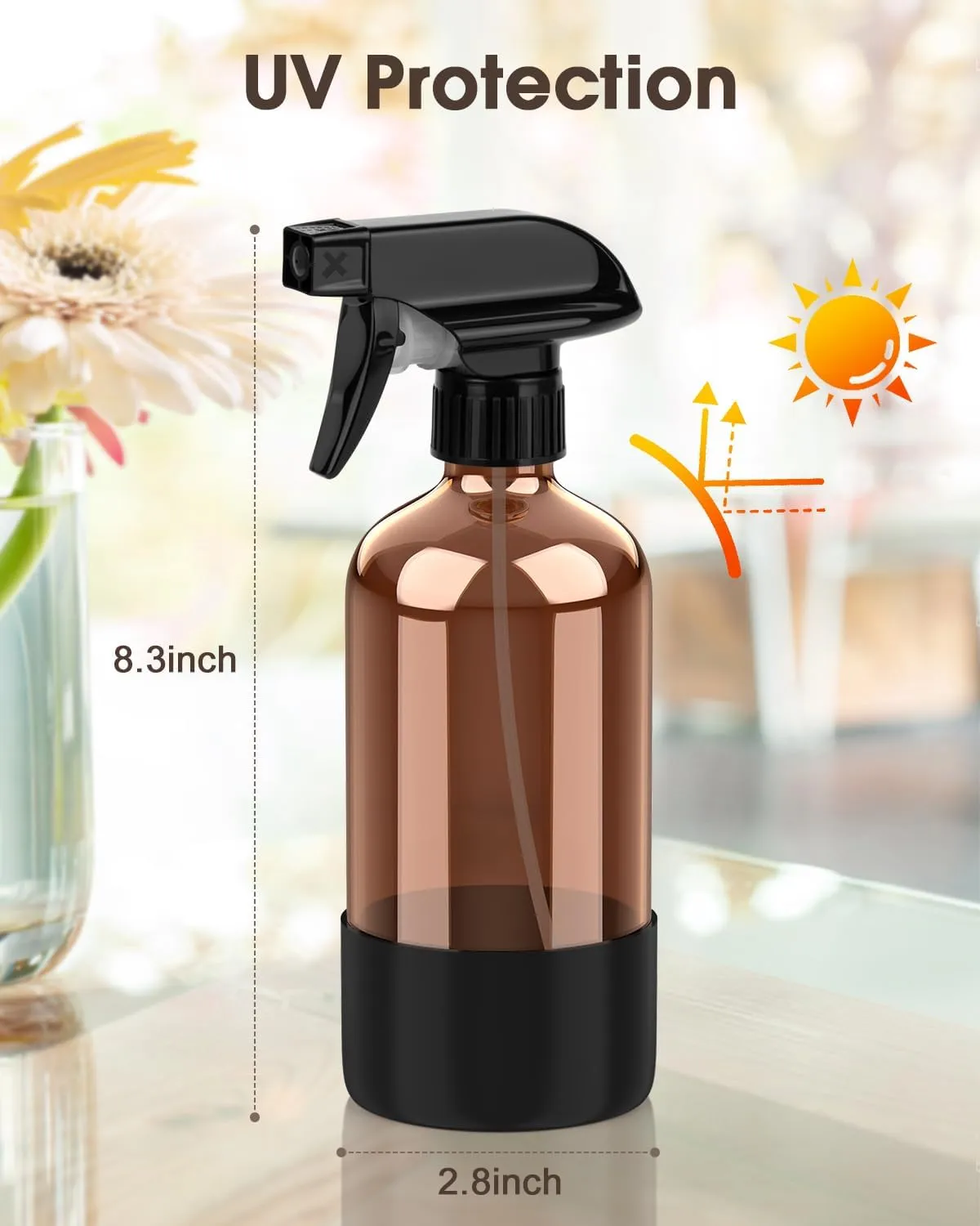 Glass Spray Bottle with Silicone Sleeve Protection, Amber Glass Spray Bottle Set for Non-toxic Window Cleaner Aromatherapy Facial Hydration Watering Flowers Hair Care 2 Pack/16 oz (Black)