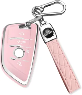 QBUC for BMW Key Fob Cover with Leather Keychain,for BMW 2 5 6 7 Series X1 X2 X3 X5 X6 X7 Premium Soft TPU Key Fob Holder (1-Pink)