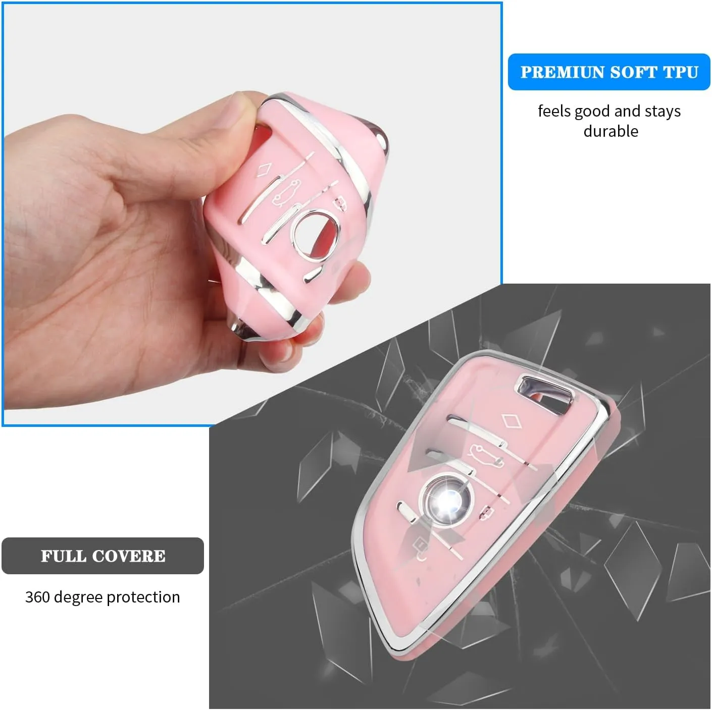 QBUC for BMW Key Fob Cover with Leather Keychain,for BMW 2 5 6 7 Series X1 X2 X3 X5 X6 X7 Premium Soft TPU Key Fob Holder (1-Pink)