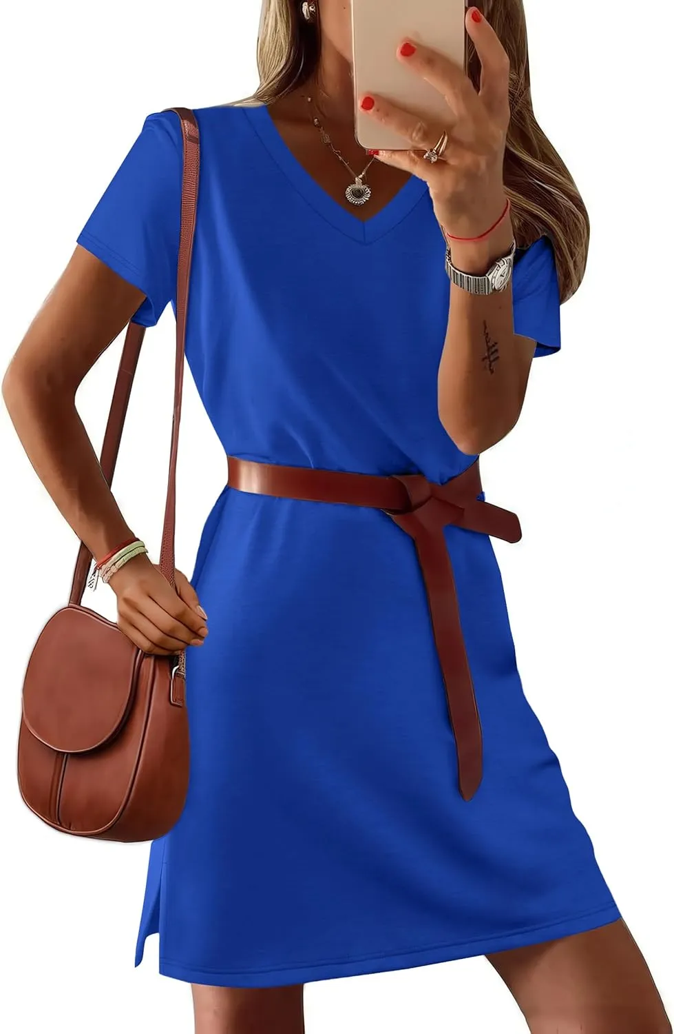Summer Casual Dresses for Women 2025 Mini Vacation Dress V-Neck Short Sleeve Split Hem Beach Sundress