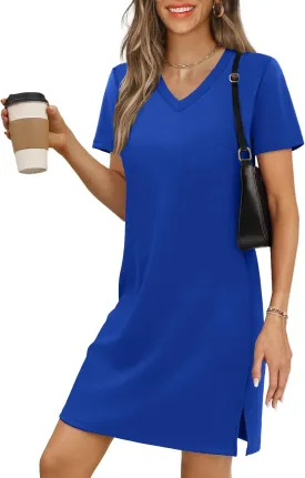Summer Casual Dresses for Women 2025 Mini Vacation Dress V-Neck Short Sleeve Split Hem Beach Sundress