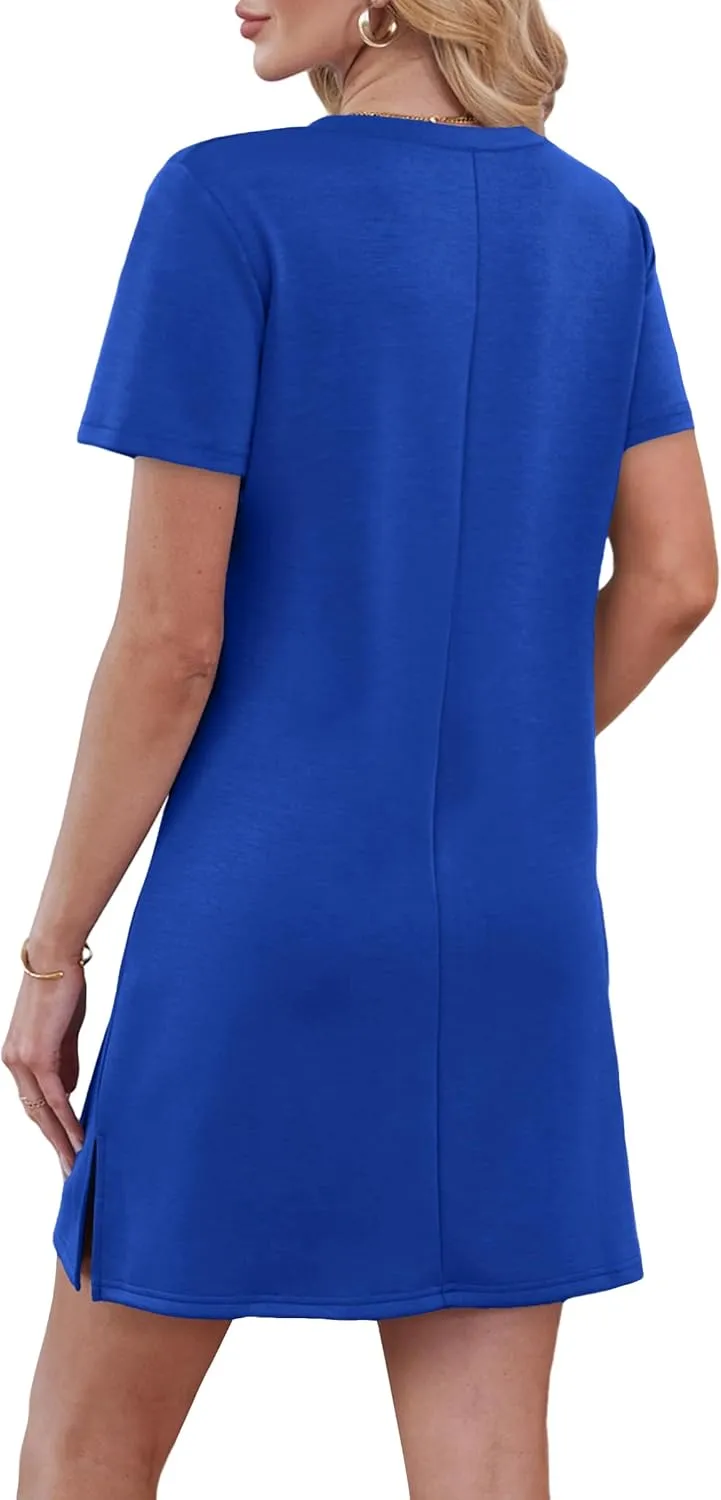 Summer Casual Dresses for Women 2025 Mini Vacation Dress V-Neck Short Sleeve Split Hem Beach Sundress