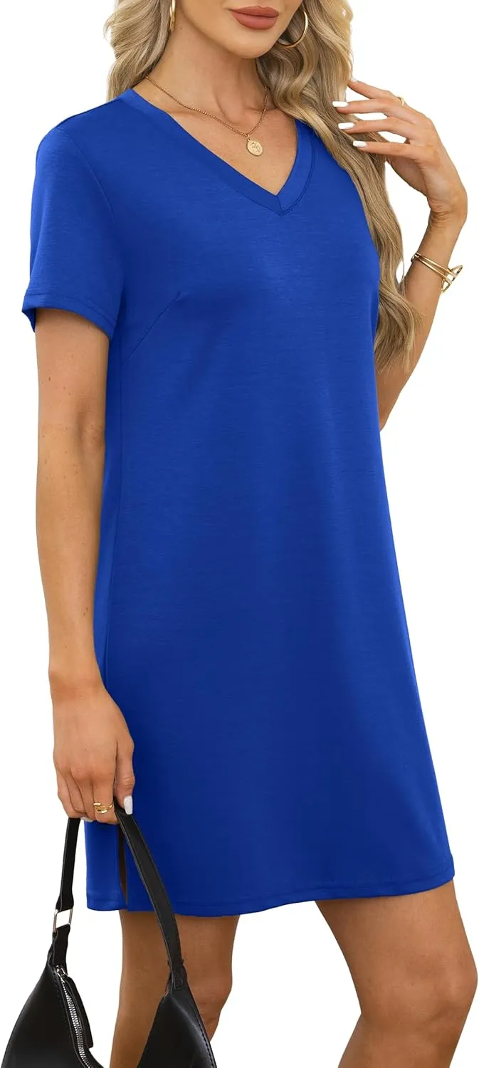 Summer Casual Dresses for Women 2025 Mini Vacation Dress V-Neck Short Sleeve Split Hem Beach Sundress