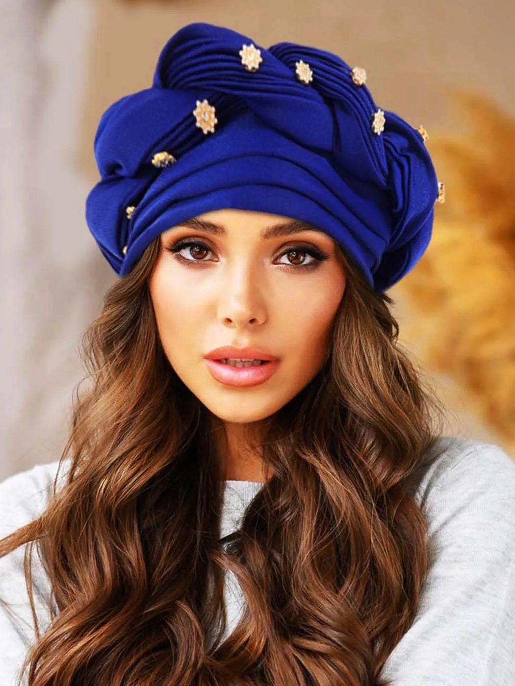 Woeoe Women African Turban Pre-Tied Twisted Beanie Cap Headwear Rhinestone Soft Stretchy Head Turbans