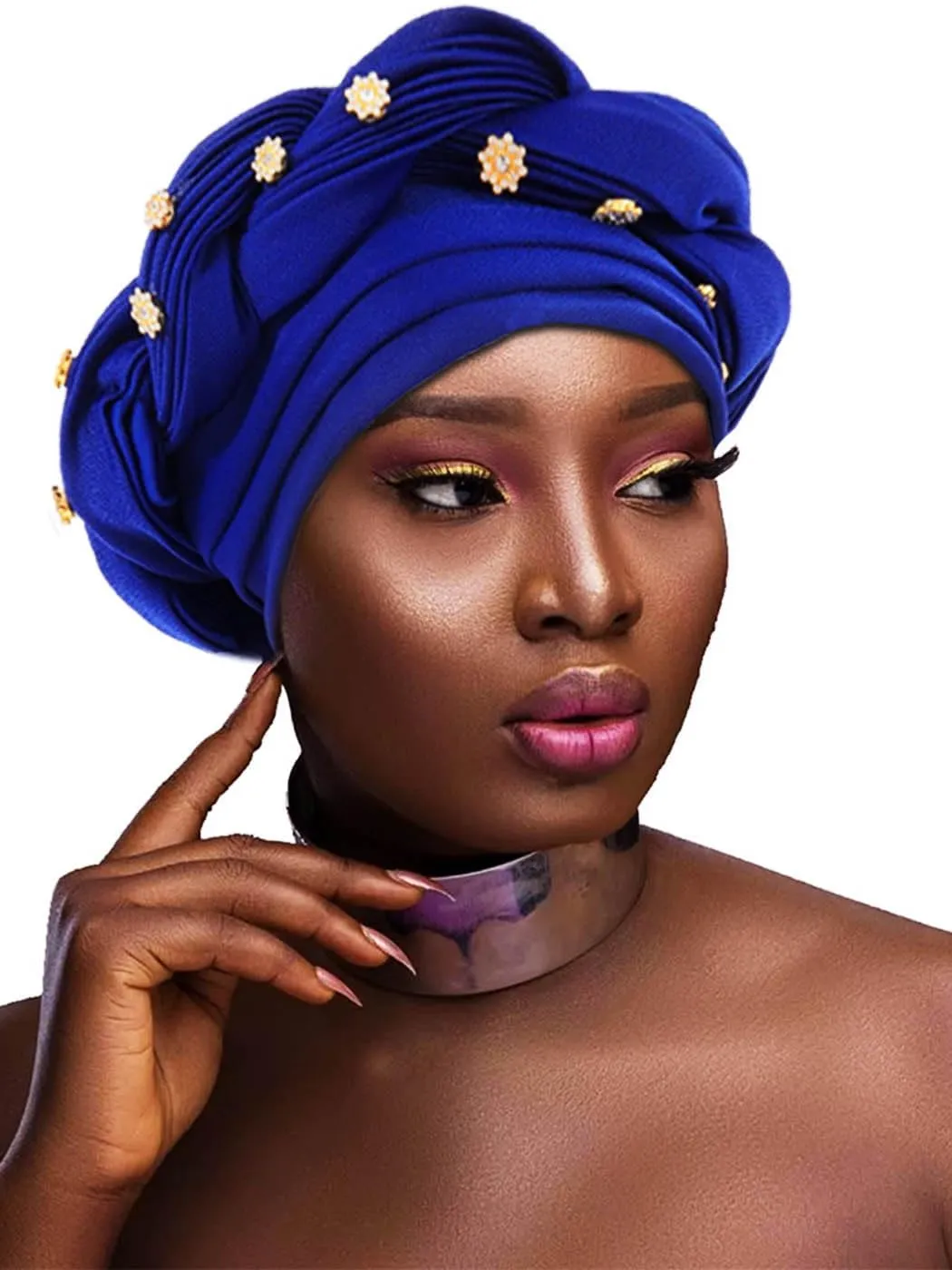 Woeoe Women African Turban Pre-Tied Twisted Beanie Cap Headwear Rhinestone Soft Stretchy Head Turbans