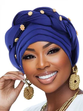 Woeoe Women African Turban Pre-Tied Twisted Beanie Cap Headwear Rhinestone Soft Stretchy Head Turbans