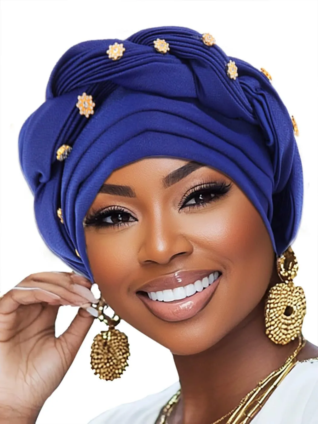 Woeoe Women African Turban Pre-Tied Twisted Beanie Cap Headwear Rhinestone Soft Stretchy Head Turbans