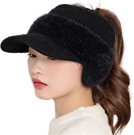 Women's Fashion Ear Guard Knit Cap-Winter Fleece Ponytail Hat Baseball w Earflap