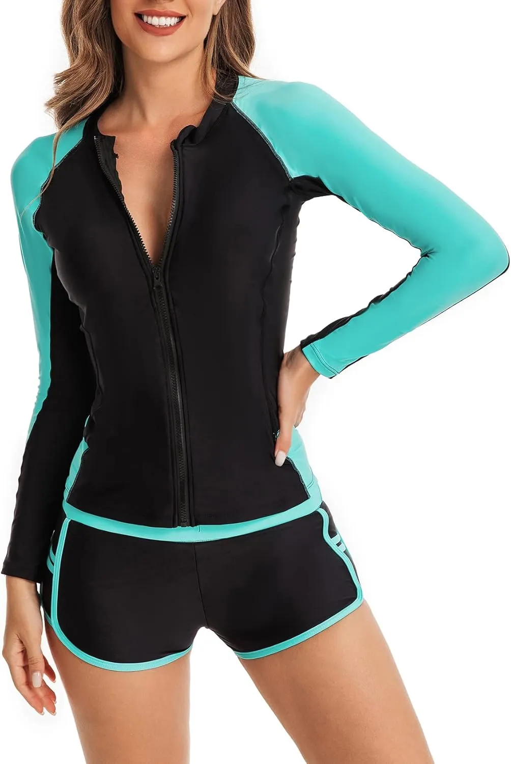 YATEEN Women's Long Sleeve Sun Protection Rash Guard Wetsuit Two Piece Swimsuit Set