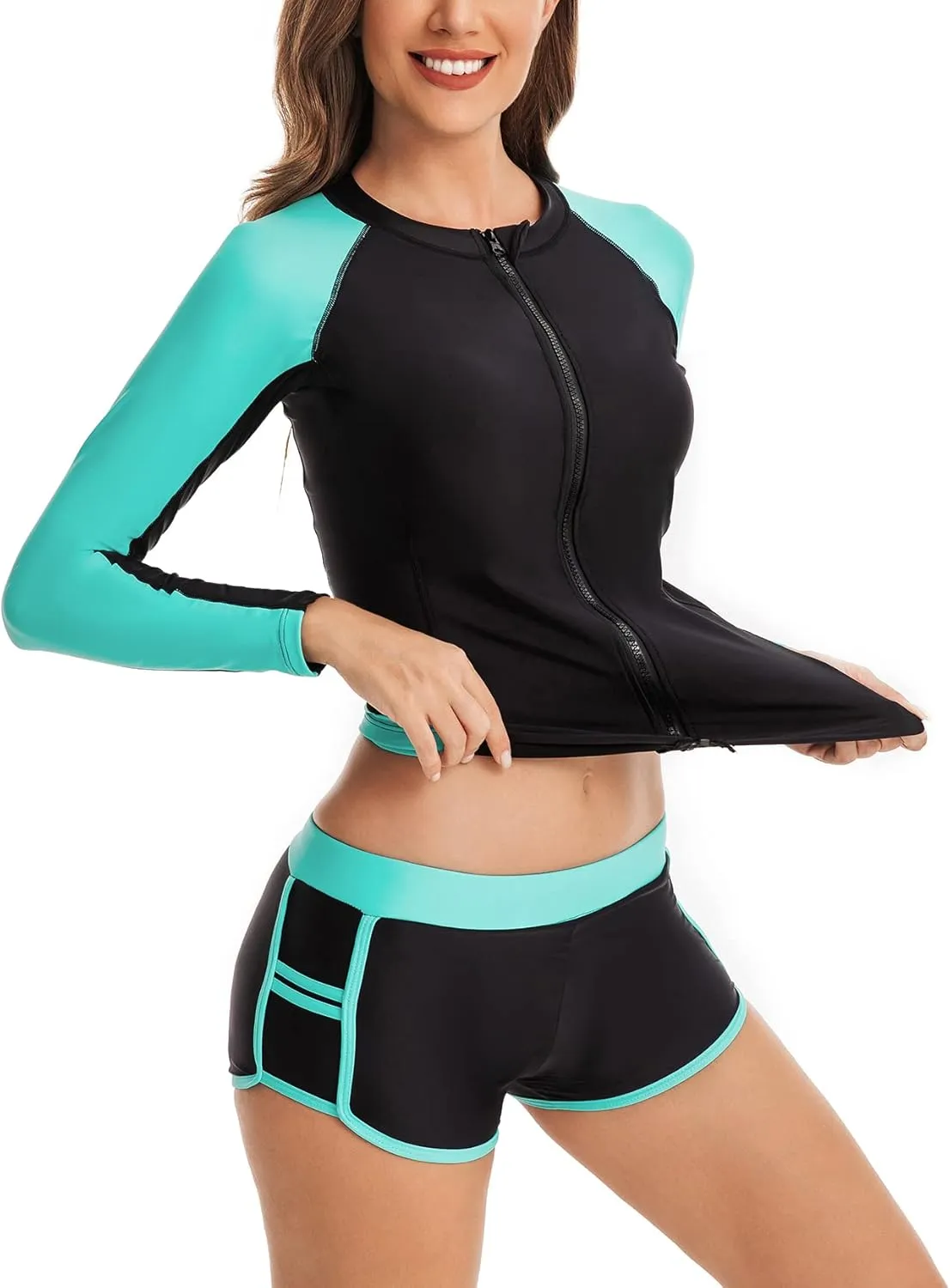 YATEEN Women's Long Sleeve Sun Protection Rash Guard Wetsuit Two Piece Swimsuit Set