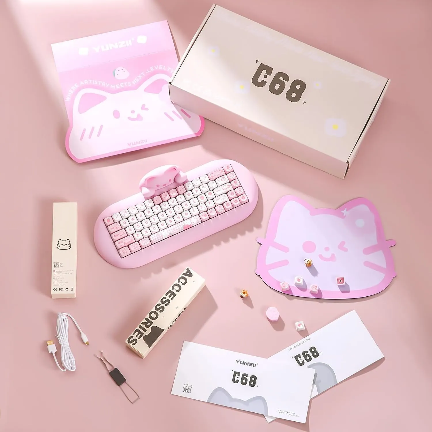 YUNZII C68 Wireless Mechanical Keyboard,65% Layout,Hot Swap,Triple Mode BT5.0/2.4G/Wired, RGB Backlit NKRO,Cute Cat Silicone Ergonomic Design for Win/Mac (Pink, Milk Switch)
