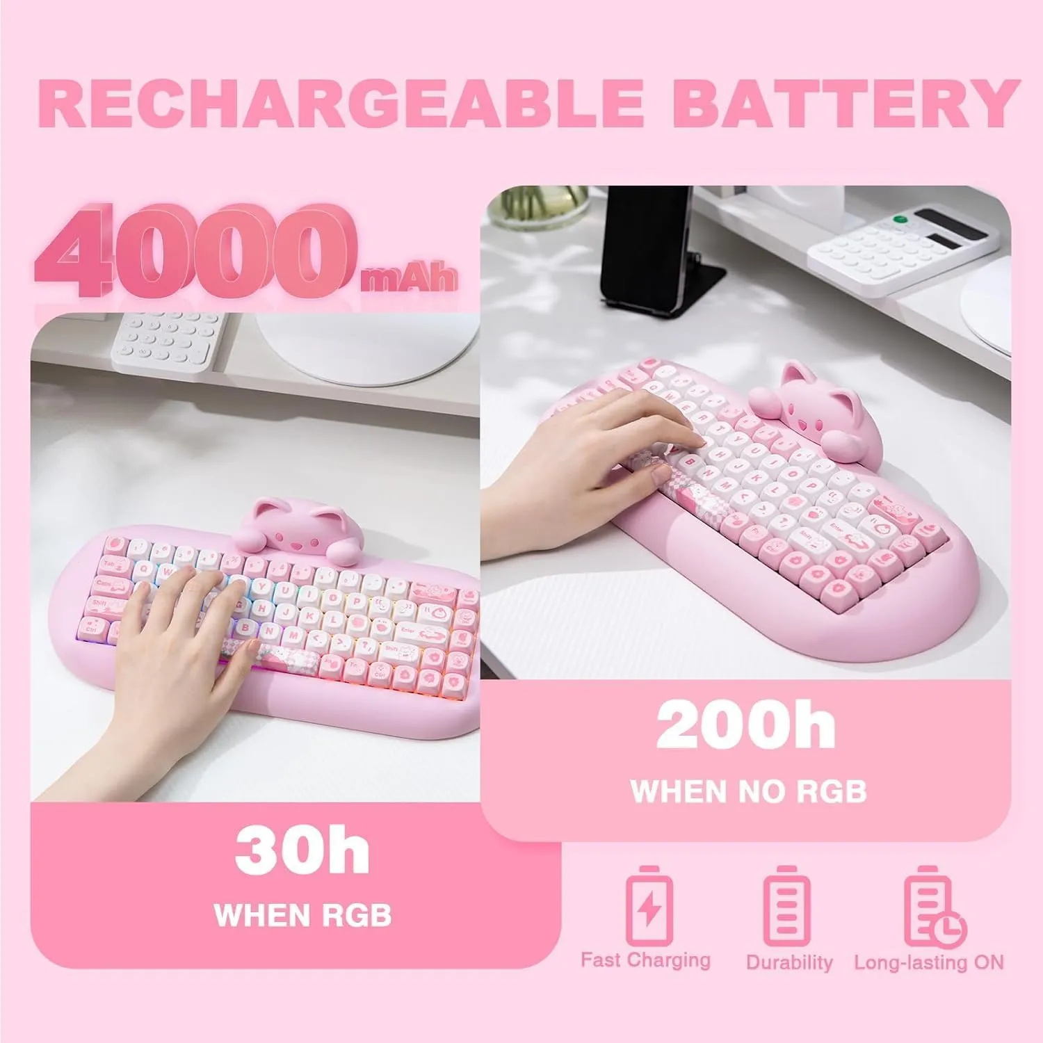 YUNZII C68 Wireless Mechanical Keyboard,65% Layout,Hot Swap,Triple Mode BT5.0/2.4G/Wired, RGB Backlit NKRO,Cute Cat Silicone Ergonomic Design for Win/Mac (Pink, Milk Switch)