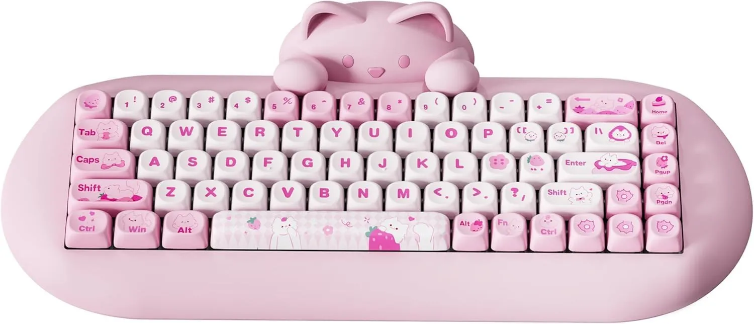 YUNZII C68 Wireless Mechanical Keyboard,65% Layout,Hot Swap,Triple Mode BT5.0/2.4G/Wired, RGB Backlit NKRO,Cute Cat Silicone Ergonomic Design for Win/Mac (Pink, Milk Switch)